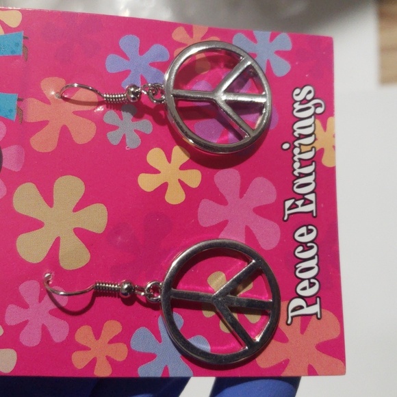Hippy Chic Silver Tone Peace Symbol Drop Earrings - Women's Fashion Jewelry - Picture 6 of 6